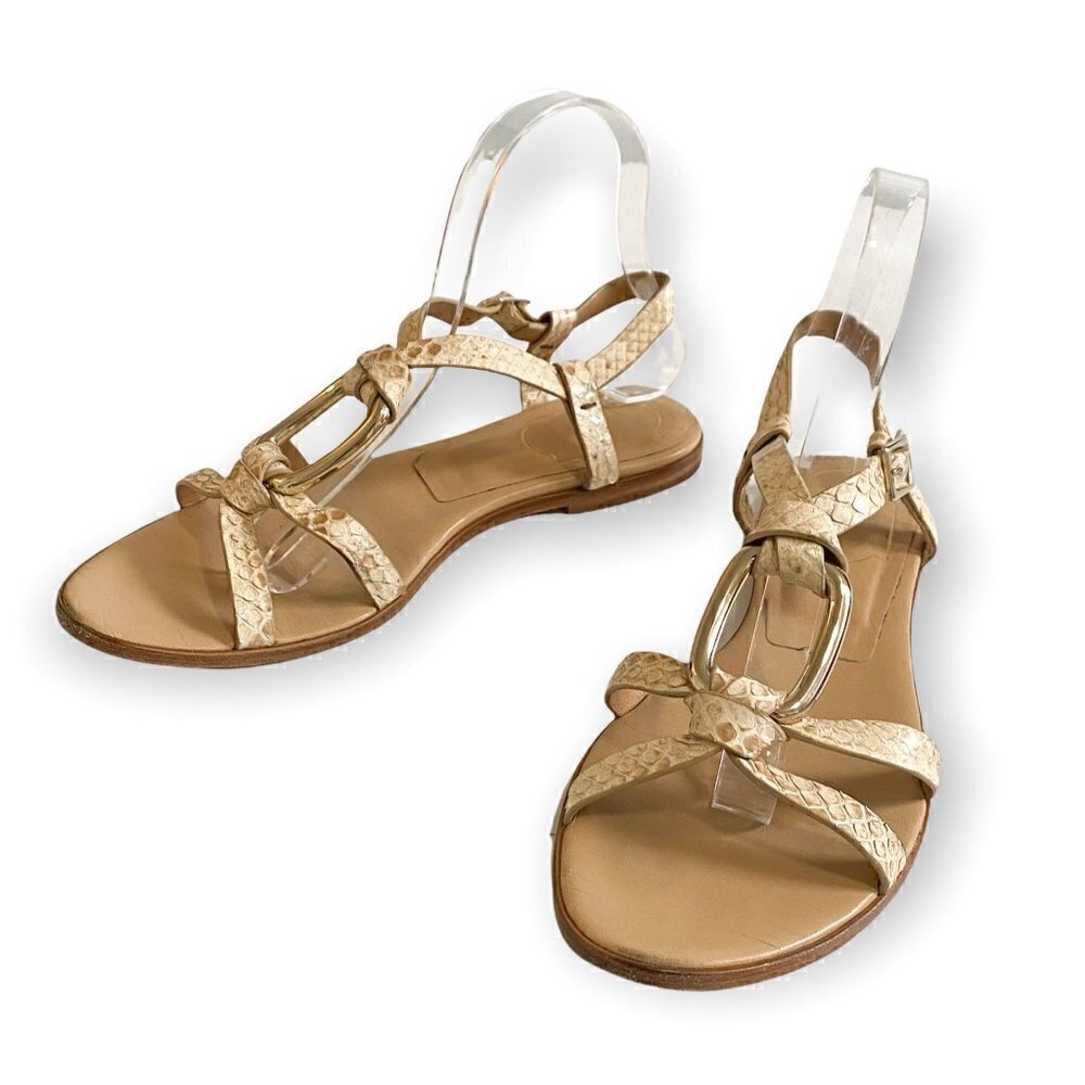 Roger Vivier Flat Sandals, Natural snake, Gold Ring, Sling Back, Size 37.5EU